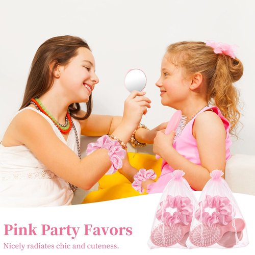 Tideme 48 Pcs Pink Party Favors, Pink Makeup Party Supplies, Including Hair Brushes, Elastic Scrunchies, Pocket Cosmetic Mirrors, and Organza Bags, Makeup Brush Accessories (48PCS)