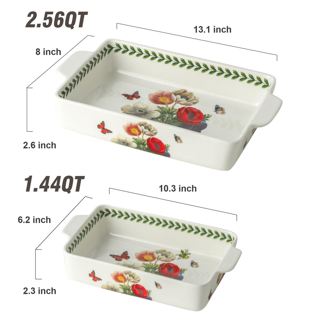 Howise Ceramic Papaver rhoeas Baking Casserole Dish with Handles, Large 2 pieces 8x13 inch & 6x10 inch Lasagna Baking Dish and Middle Flower Andplant Baking Pan,Porcelain Serving Bakeware Set