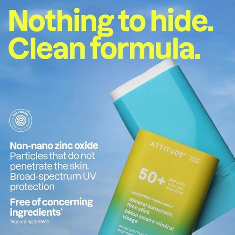 ATTITUDE Face Sunscreen Stick SPF 50 - Broad Spectrum Zinc Oxide, EWG Verified, Vegan | 0.53 oz