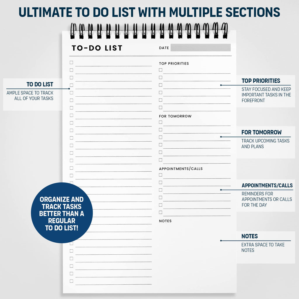 To Do List Notepad: With Multiple Functional Sections - 6.5 x 9.8" 60 Sheets - Spiral Daily Planner Notebook - Task CheckList Organizer Agenda Pad for Work - Note & Todo List Organization Notebooks