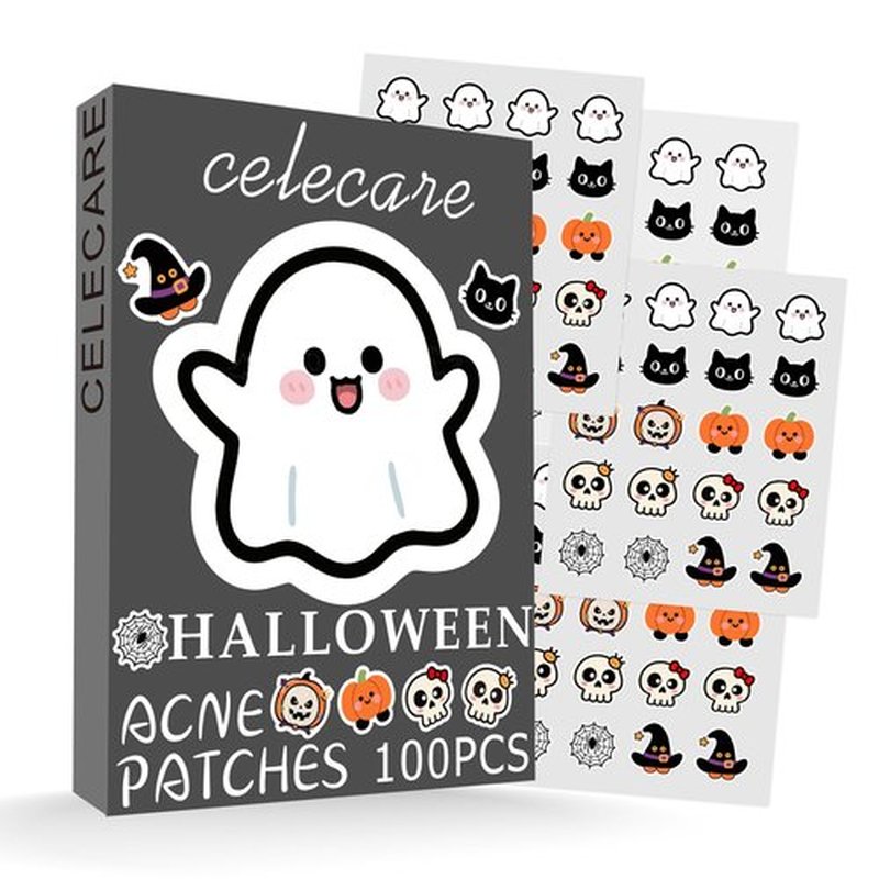CELECARE,Pimple Patches,Halloween Acne Patch,Pimple Patches for Face, Cute Stickers,Salicylic Acid & Tea Tree, 100PCS Hydrocolloid Dots in 8 Colors for Face,Cute Halloween Stickers