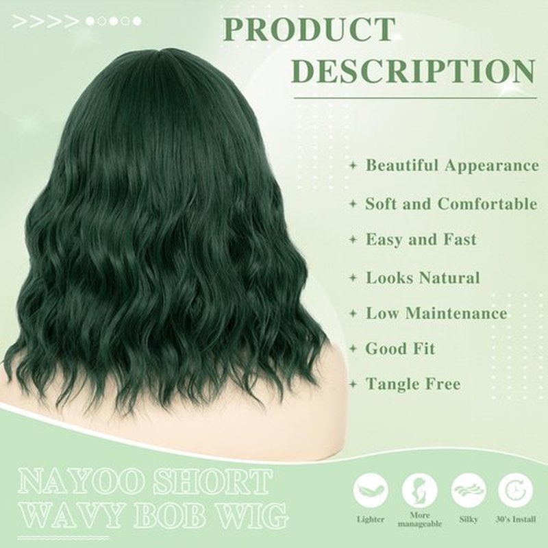 NAYOO Dark Green Wig with Bangs, 14 Inch Bob Wig with Bangs, Shoulder Length Green Short Wig for Daily Party Use