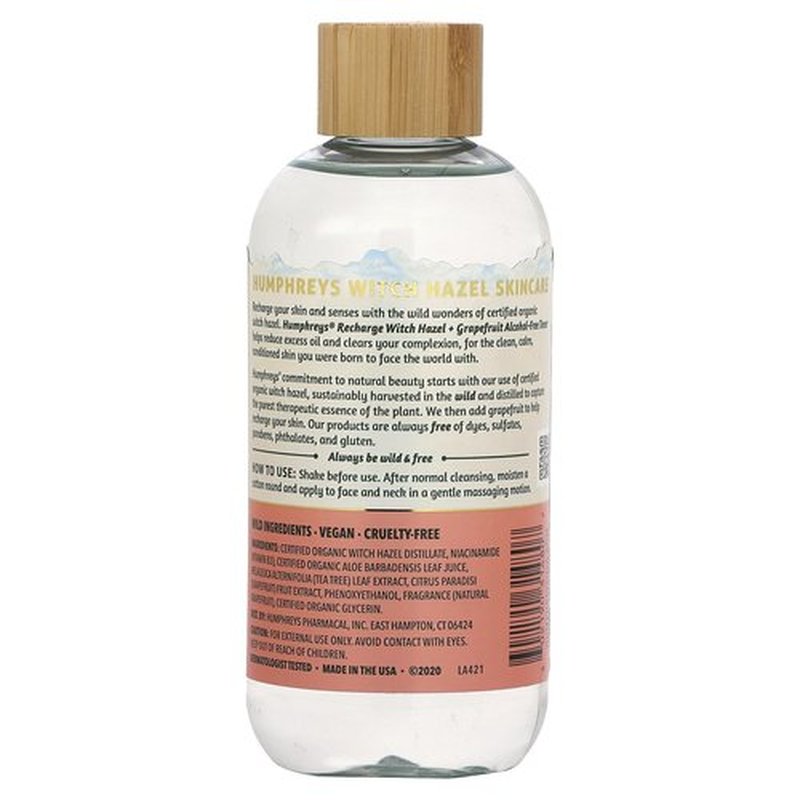 Humphreys Recharge Witch Hazel + Grapefruit Alcohol-Free Toner, Clear, 8 Ounce (Pack of 1)