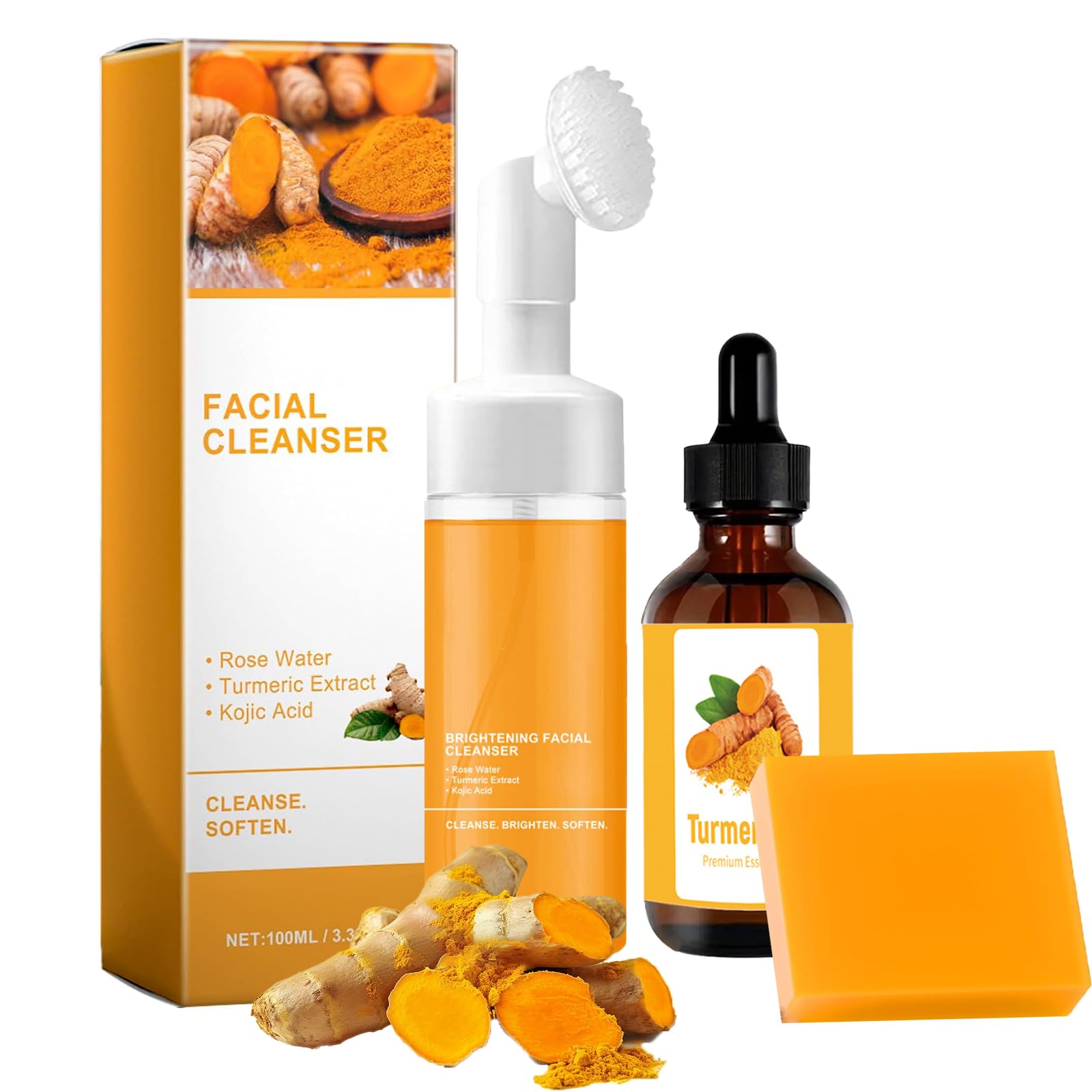 DENESTUP Turmeric Face Wash, Turmeric Wash and Care Turmeric Facial Cleanser, Gentle Cleansing Moisturizing Skincare Set for Face Soap Bar | Mousse Cleanser | Essential Oil /3 Piece Set