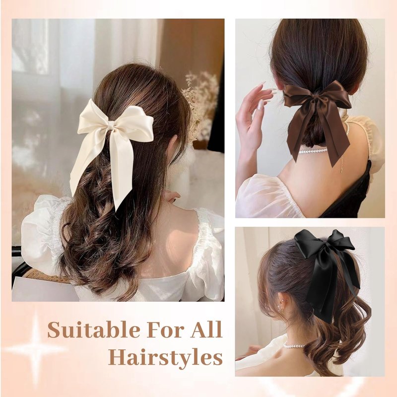 Yougeigy 6PCS Bow Hair Ties, Satin Hair Ribbon, Ribbon Hair Bows for Women Girls, Elastics Hair Scrunchies for Thick Thin Hair, Bows Hair Accessories with Long Tail, Black