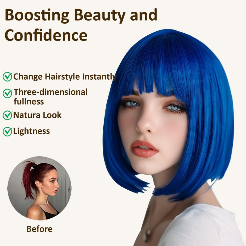 VCAY Bob Wig, 12 Inch Short Blue Bob Wig with Bangs,Straight Cosplay Wig,Heat Resistant,Adjustable Straps Wigs for Women Girl with Wig Cap