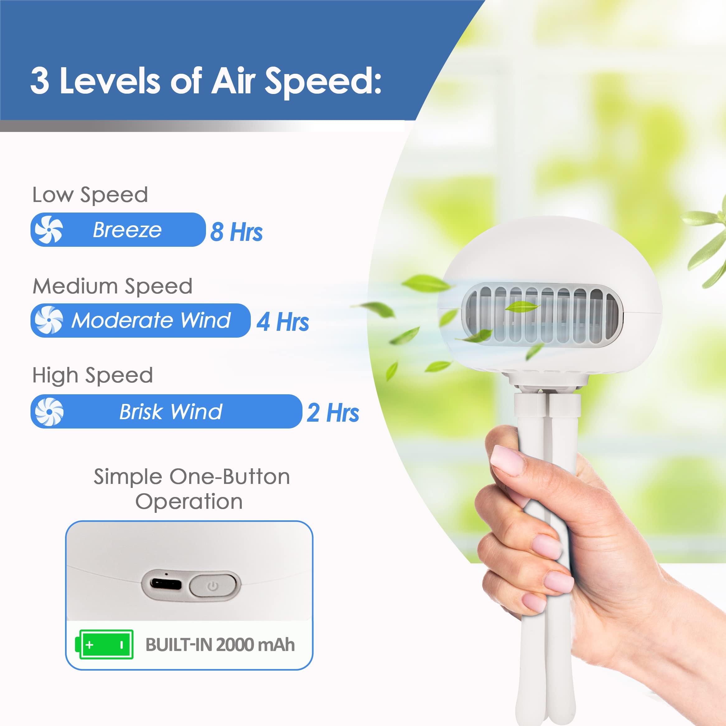 Asani Portable Bladeless Baby Stroller Fan, Rechargeable Battery-Operated Fan with 3 Breeze Settings & Quiet Motor, Personal Fan for Baby Car Seat, Camping, Desk, Golf Cart, Wheelchair, & More (White)