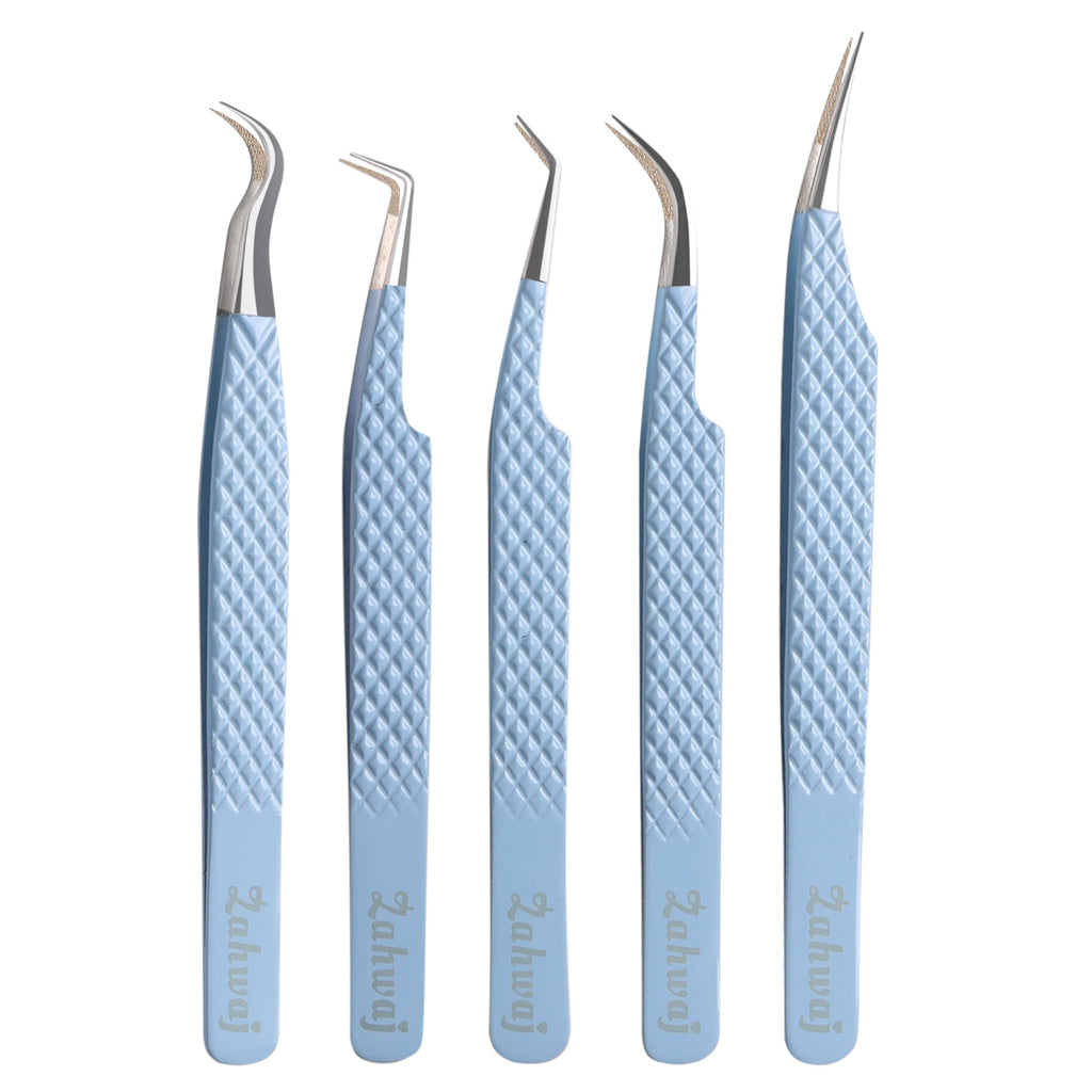 ZAHWAJ Fiber Tip Lash Tweezers - Set of 5 Diamond Grip Eyelash Extension Tweezers, Japanese Stainless Steel Tweezers Set for Volume, Isolation & Classic Lashes (Blue)