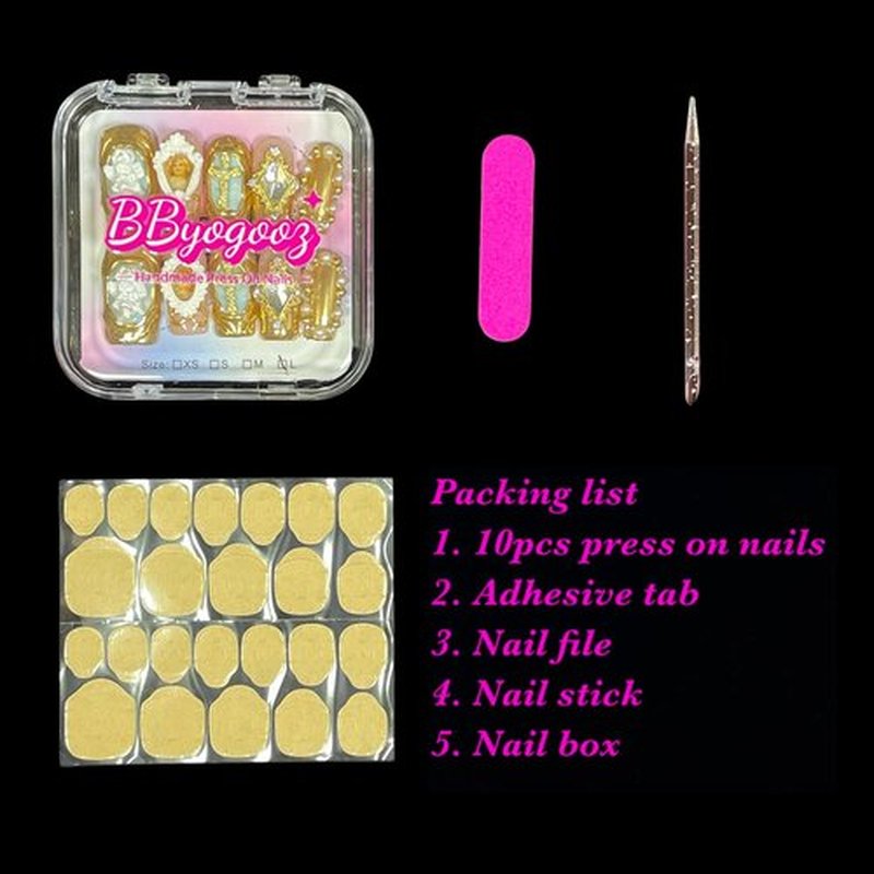 Handmade Press On Nails Luxury Baroque Gold Cross, Cherubs & Pearl Frames | Medium/Short Square | Reusable Thick Acrylic False Nails (Baroque, S)