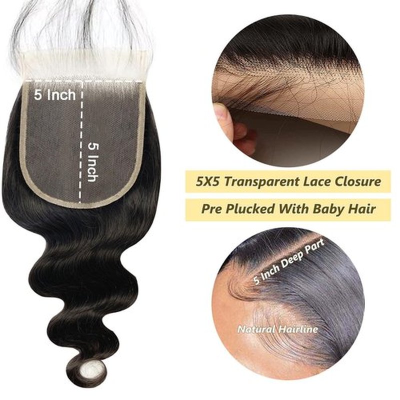 5x5 HD Lace Closure Transparent Frontal 100% Real Body Wave Human Hair 16 Inch HD Lace Closure Only Bleached Small Single Knots Human Hair for Black Women Natural Color