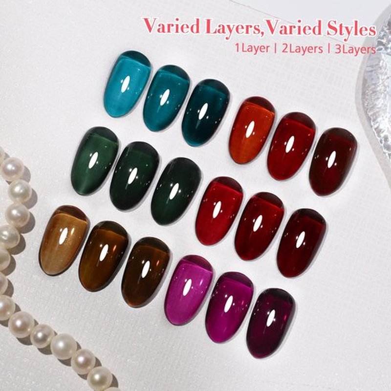 Firedeep 10ml Hema Free Gel Nail Polish Set, 6 Colors Transparent Jelly Gel Polish Kit Sheer Jelly Dark Red Deep Green Brown Blue Purple Color Manicure Gift for Art DIY and Salon