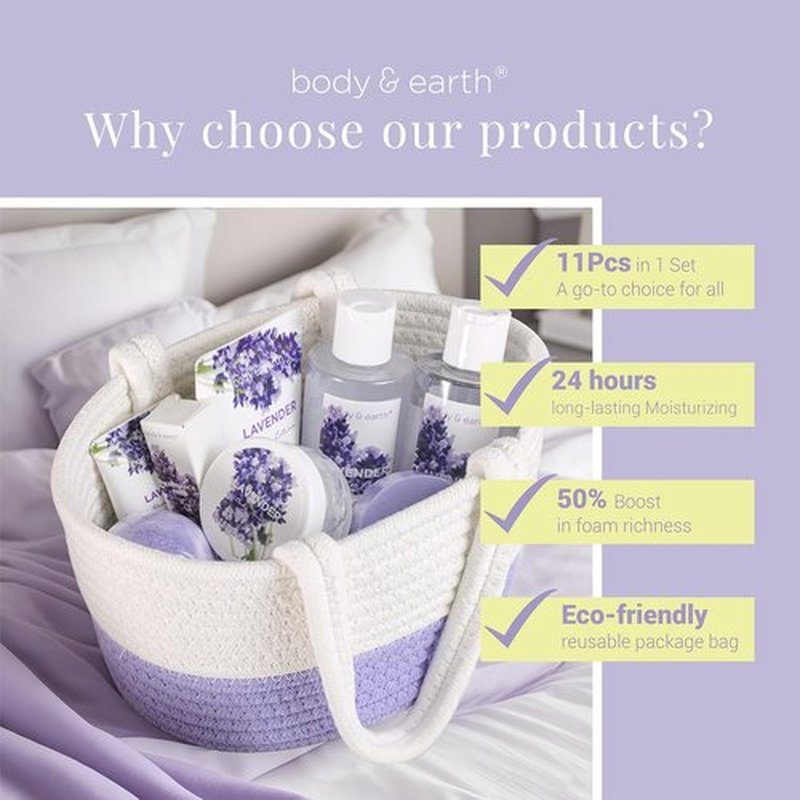 BODY & EARTH Spa Gift Baskets for Women 11pcs Lavender Gift Sets with Bubble Bath, Shower Gel, Body Lotion, Mom Birthday Gifts, Spa Kit, Purple Gift for Her, Mothers Day Gifts for Mom
