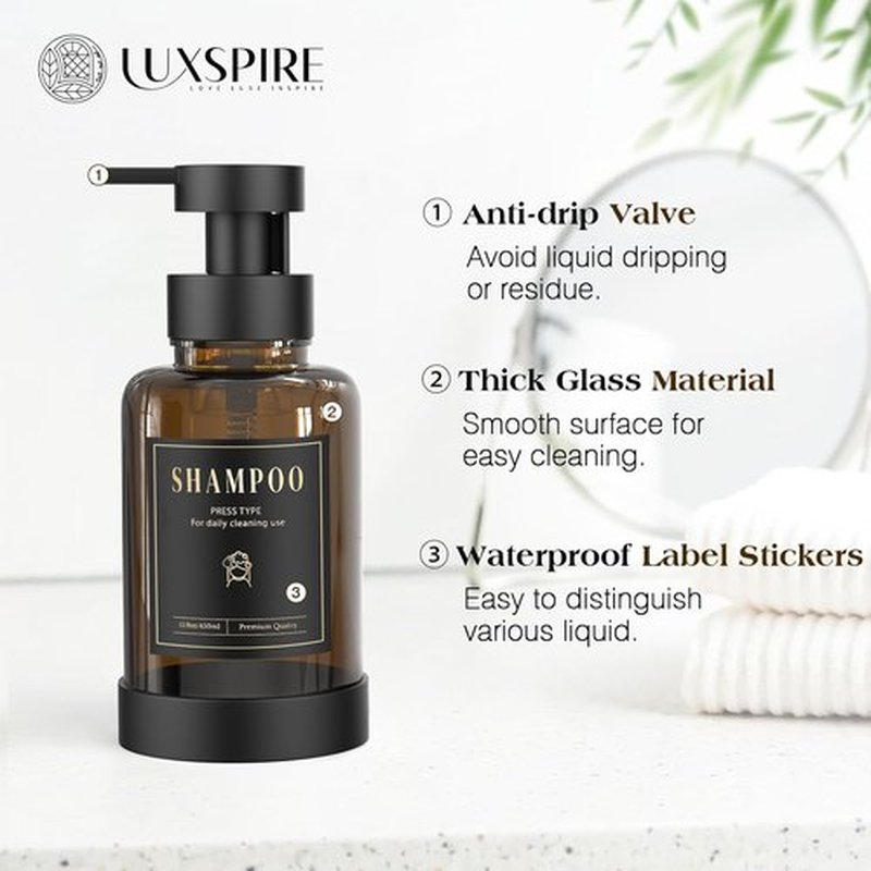 Luxspire Foaming Soap Dispenser - 15 Oz Glass Pump Bottle with Waterproof Labels | Amber, 2 Pack for Kitchen & Bathroom