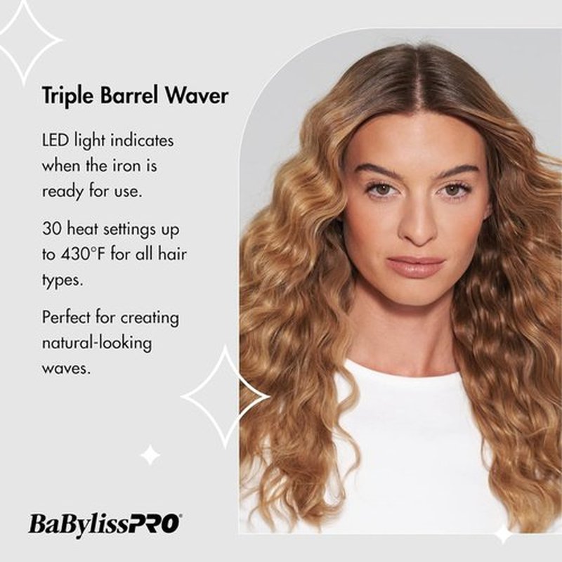 BabylissPRO Triple Barrel Waver - Porcelain Ceramic Hair Styling Tool | Sleek Black Finish