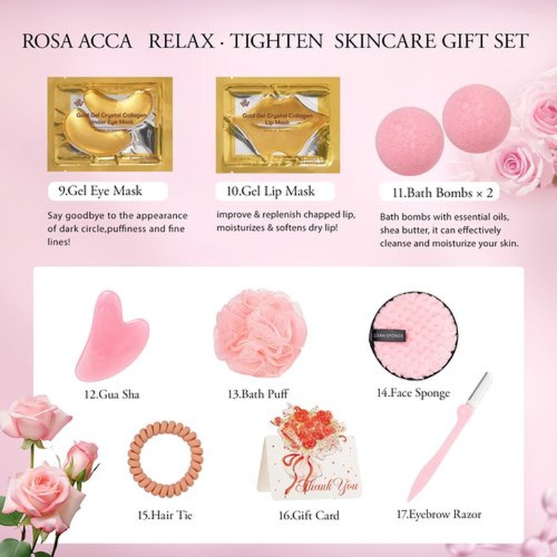 Rose 23 Pcs Facial Skin Care Set, Luxury Bath and Body Gifts for Women, Spa & Self-Care Gifts, Sheet Mask, Eye Mask, Gua Sha, Cream, Face Oil, Birthday, Christmas, Valentines, Mother Day, Girlfriend