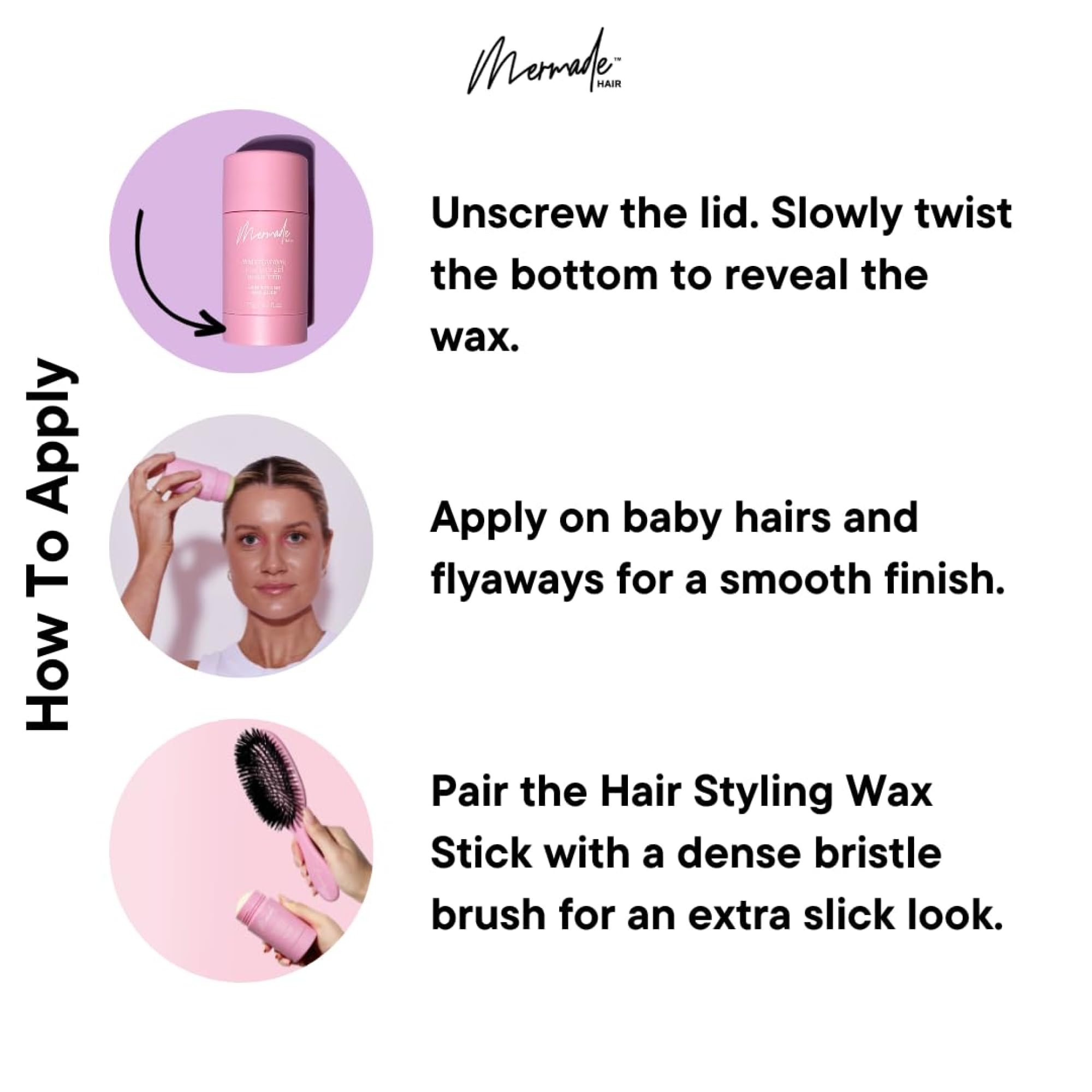 Mermade Hair Styling Wax Stick - Hair Wax Stick, Fly Away Stick for Hair, Slick Back Stick for Flyaways, Smoothing for Frizz, Long Lasting Hold - Pink (Pack of 1)