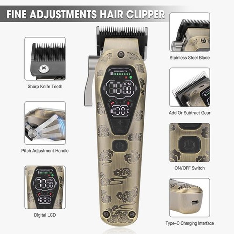 QREEYX Professional Hair Clipper for Men - Cordless Clippers and Trimmers Set, Heavy-Duty Motor Hair Cutting Kits with LED Display, 7000RPM High-Power Motor, USB Charging, Gifts for Men, Bronze