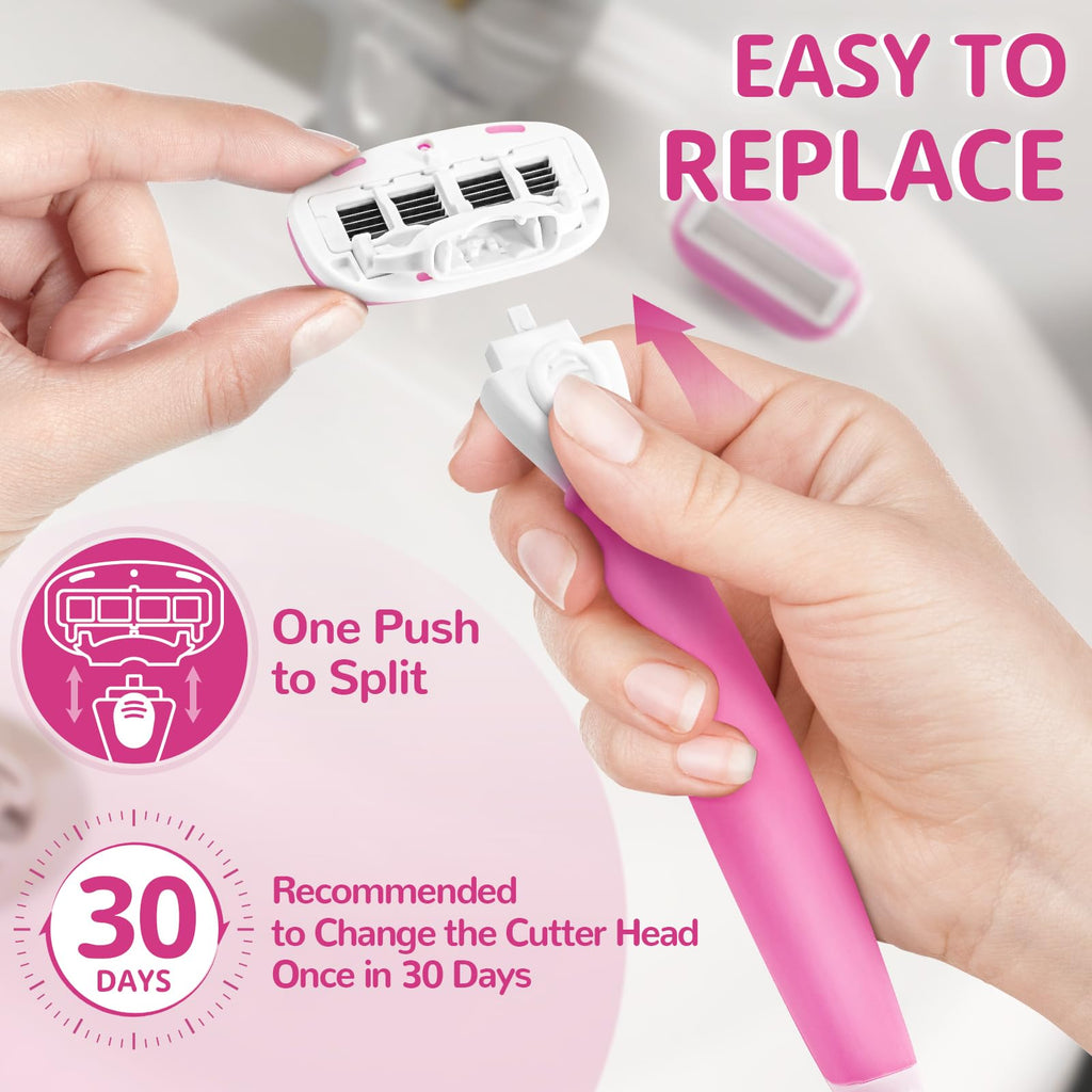 Razors for Women Include 1 Handle and 7 Cartridges, Disposable Razor with 360° Lubrication Reduces Irritation, Pink