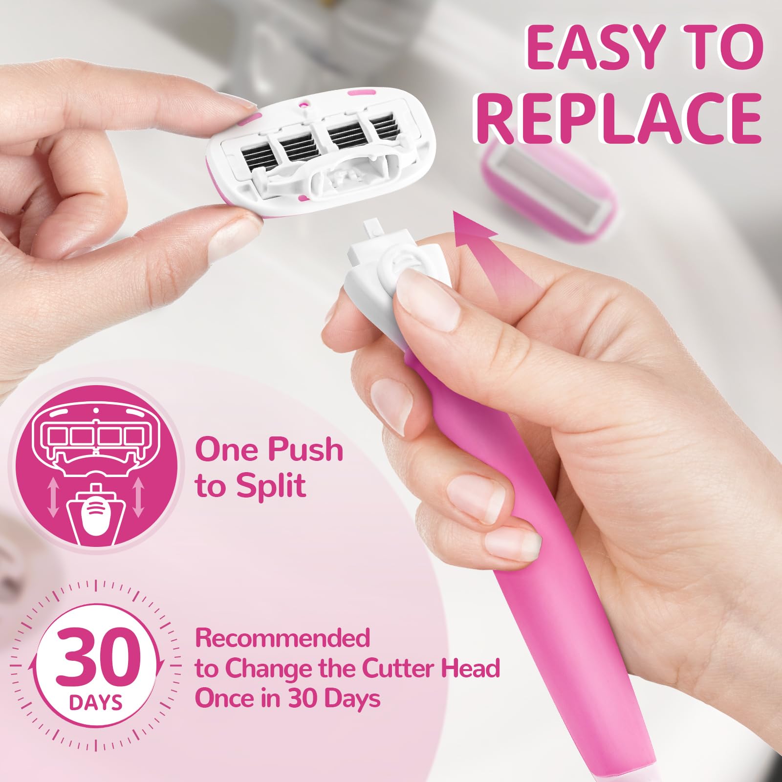 Razors for Women Include 1 Handle and 7 Cartridges, Disposable Razor with 360° Lubrication Reduces Irritation, Pink