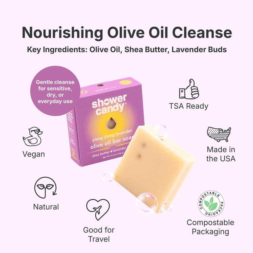 Shower Candy Ylang Ylang Bar Soap - 5.0 oz Natural Body Wash Bar - Made in USA - Olive Oil, Shea Butter, Lavender Buds