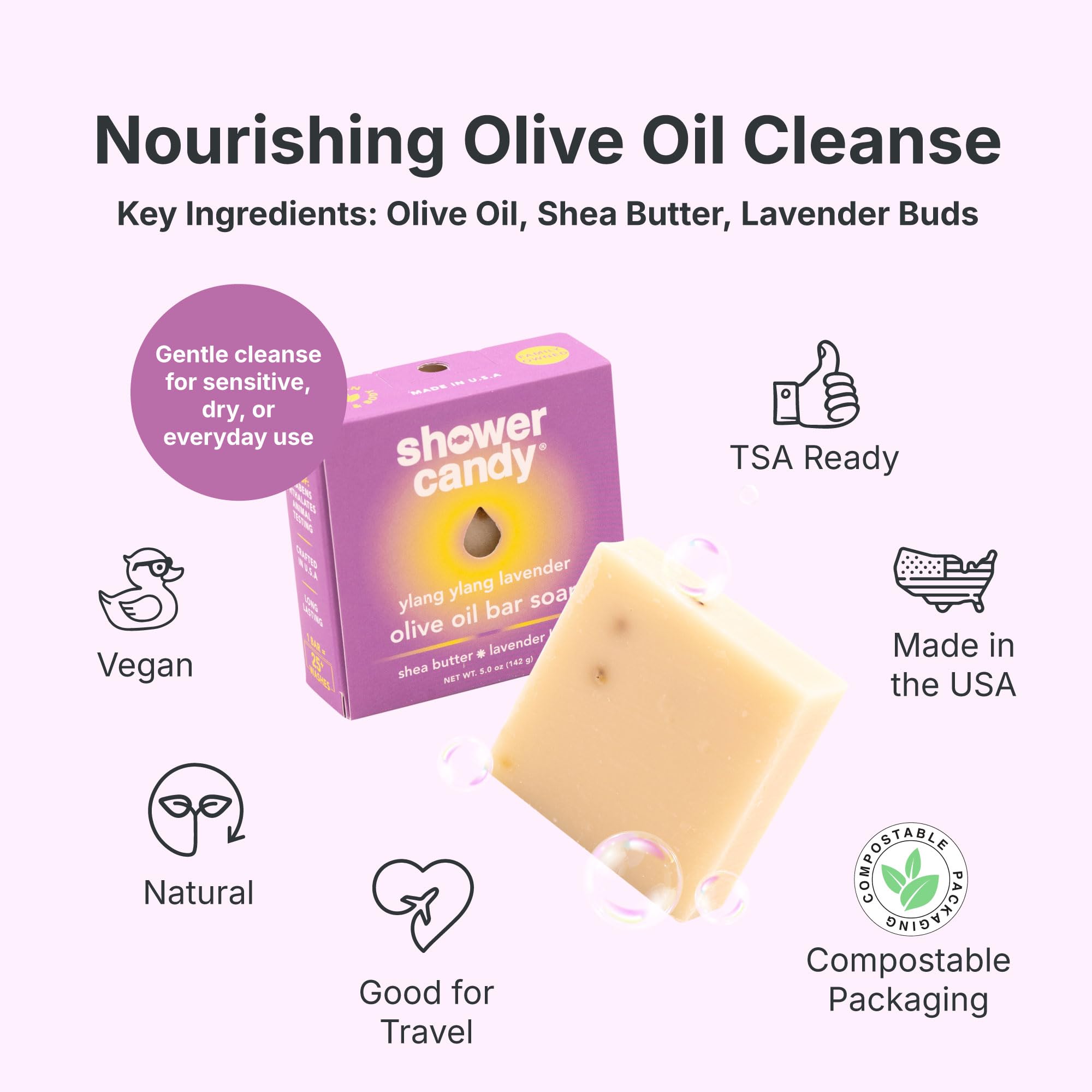 Shower Candy Ylang Ylang Bar Soap - 5.0 oz Natural Body Wash Bar - Made in USA - Olive Oil, Shea Butter, Lavender Buds