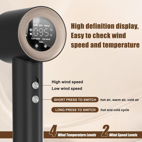 Hair Dryer, 1600W High Speed Ionic Blow Dryer with 300 Million Negative Ions, 160000 RPM Brushless Motor for Fast Drying, 59dB Low Noise & 65M/S Hair Dryers for Home Travel,Black