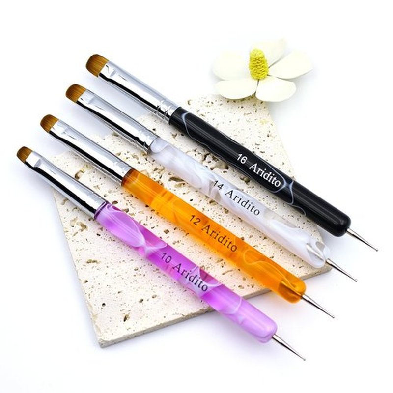 Aridito 4pcs Premium French Nail Art Brush & Dotting Tool - Professional Manicure Tool For Detailed Designs.(pink#10, Orange#12, White#14, Black#16)