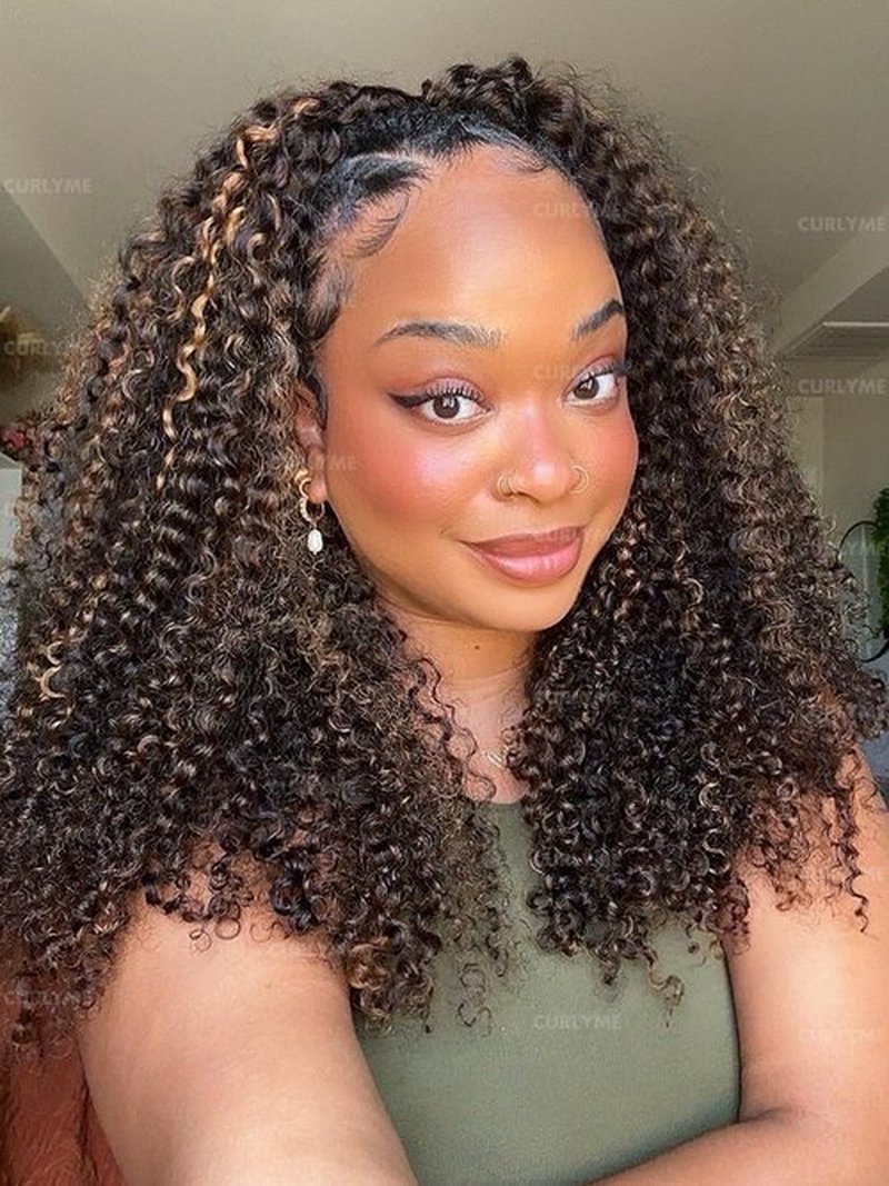 Curlyme Ombre Honey Blonde Kinky Curly Half Wig Human Wear and Go Glueless Install Flexible Fit 3 In 1 2/30 Color Half Wig Flip Over Invisible Hairline 18 Inch