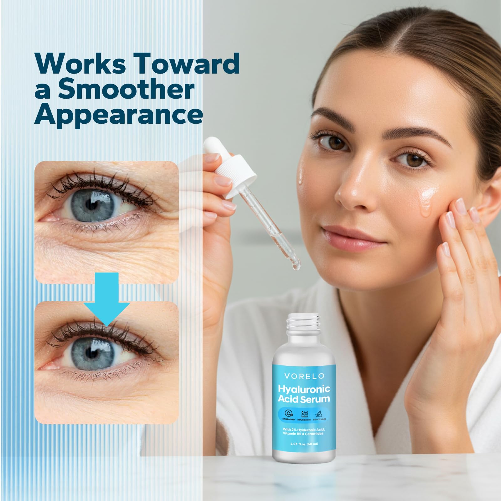 Vorelo Hyaluronic Acid 2% + B5 and Ceramides (2.03 fl.oz), Hyaluronic Acid Serum for Daily Hydration, Lightweight Formula Absorbs Quickly to Leave Skin Feeling Plumper and Smoother, Non-Sticky Finish