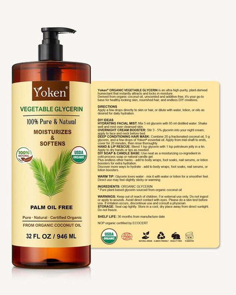 Organic Glycerin Vegetable Glycerine 32 fl oz USDA Certified, Liquid Glycerol, Glicerina Vegetal, No Palm Oil, Coconut-Derived, Natural Pure for Skin Face Hair, DIY Soap & Slime, Essential Oil Carrier