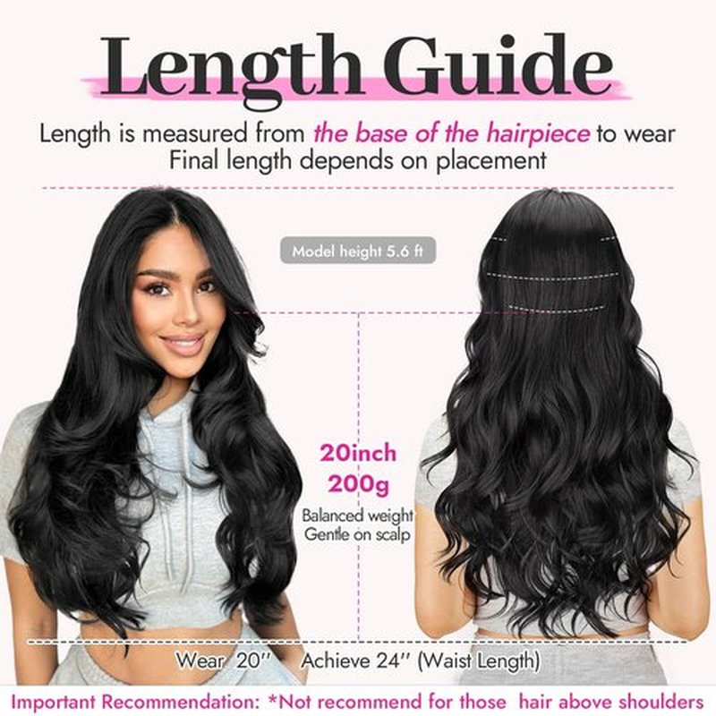 KooKaStyle Clip In Hair Extensions, Natural Long Layered Soft Invisible Synthetic Curly Wavy Hairpieces for Women, 4 pcs (20 Inch, Black)