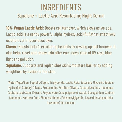 Biossance Squalane + Lactic Acid Resurfacing Night Serum - Vegan 10% Lactic Acid Face Serum for Skin Texture and Fine Lines - Gentle Night Exfoliant, Hydrating - Pore Reducer for Face, 1.0 Ounce