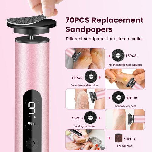 EFCRBS Electric Foot Callus Remover with LED Battery Level & 9-Speed Control Display. Callus Remover for Feet with Wireless Charger, Multi-sandpape (70 Sheets) & Nano Glass Head for Dead Skin (Pink)