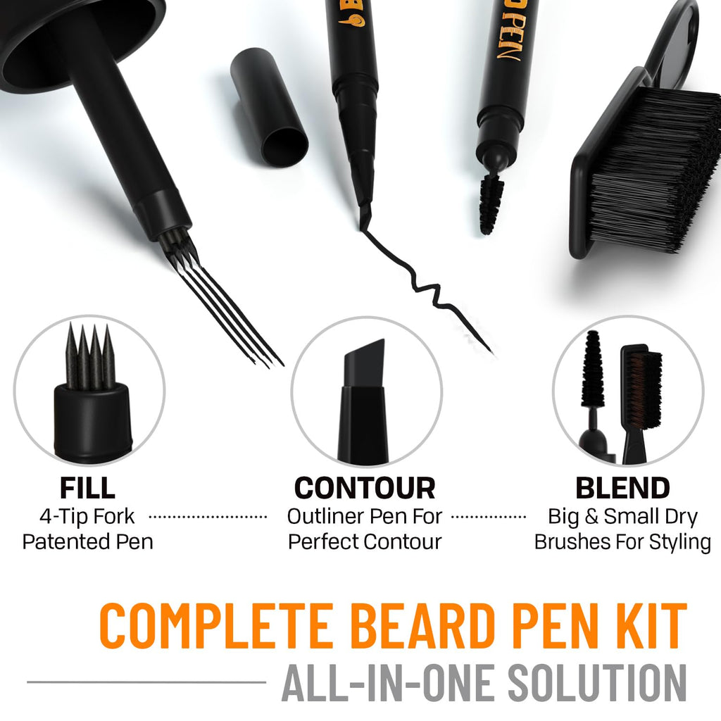 FOLLICLE BOOSTER Beard Pen Filler Styling Kit for Men - 3-in-1 Filling Set with 4-Tip Fork, Normal Pencil, and Brush - Waterproof, Sweatproof & All-Day Hold - Medium Black