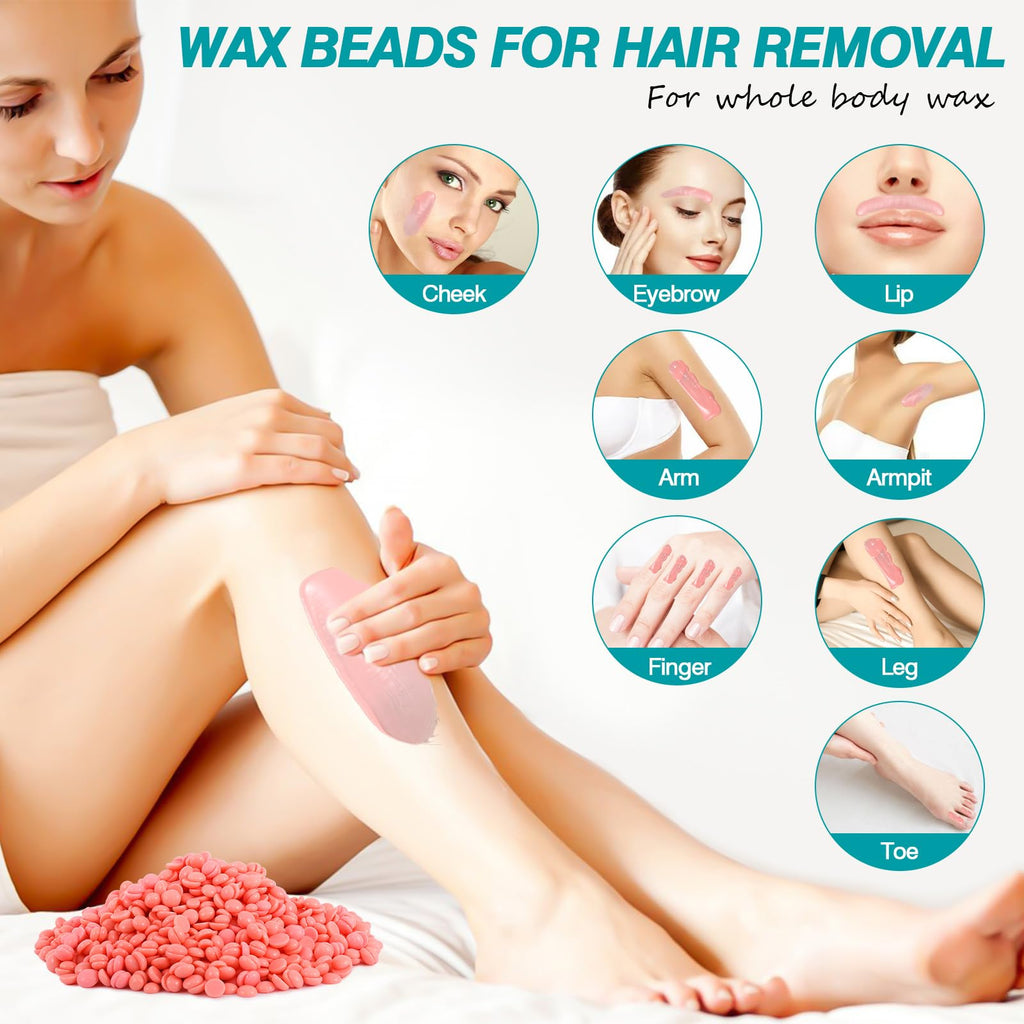 16oz Rosin-Free Hard Wax Beads, Hypoallergenic Wax Bead for Brazilian Bikini Waxing, Professional Stripless Coarse Hair Removal Wax Beans for Sensitive Skin, Body, Face, Legs, 3 Silicone Sticks