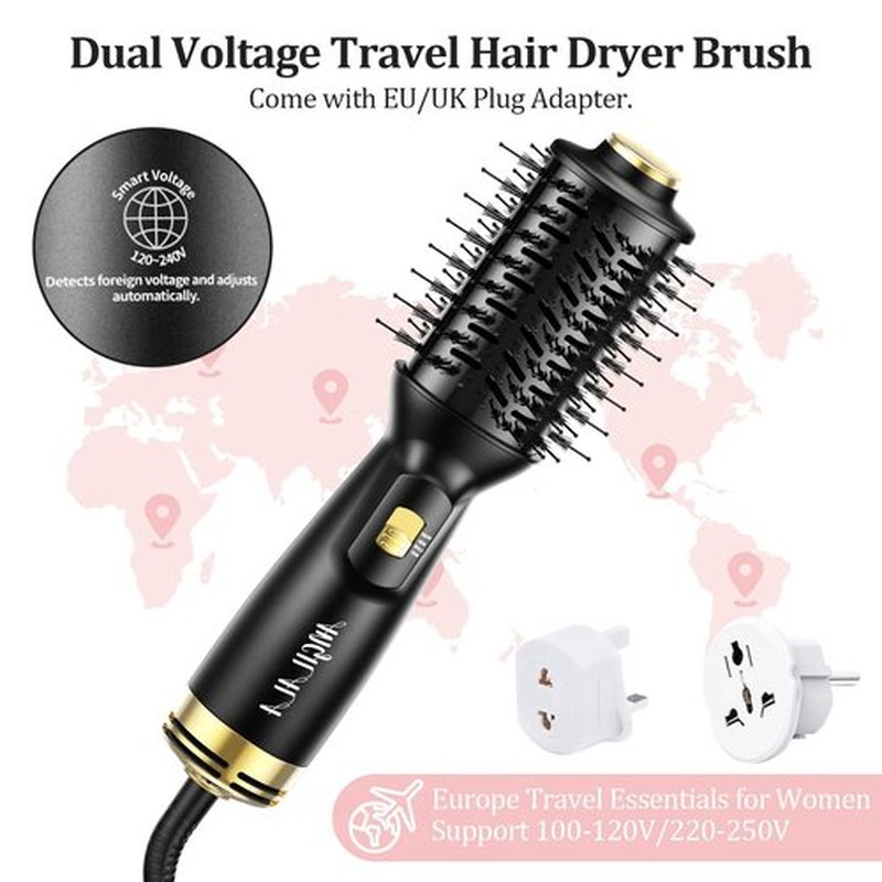 ANGILALA Dual Voltage(100~250V) Mini Hair Dryer Brush with European Plug Adapter for International Travel, Europe Travel Essentials for Women
