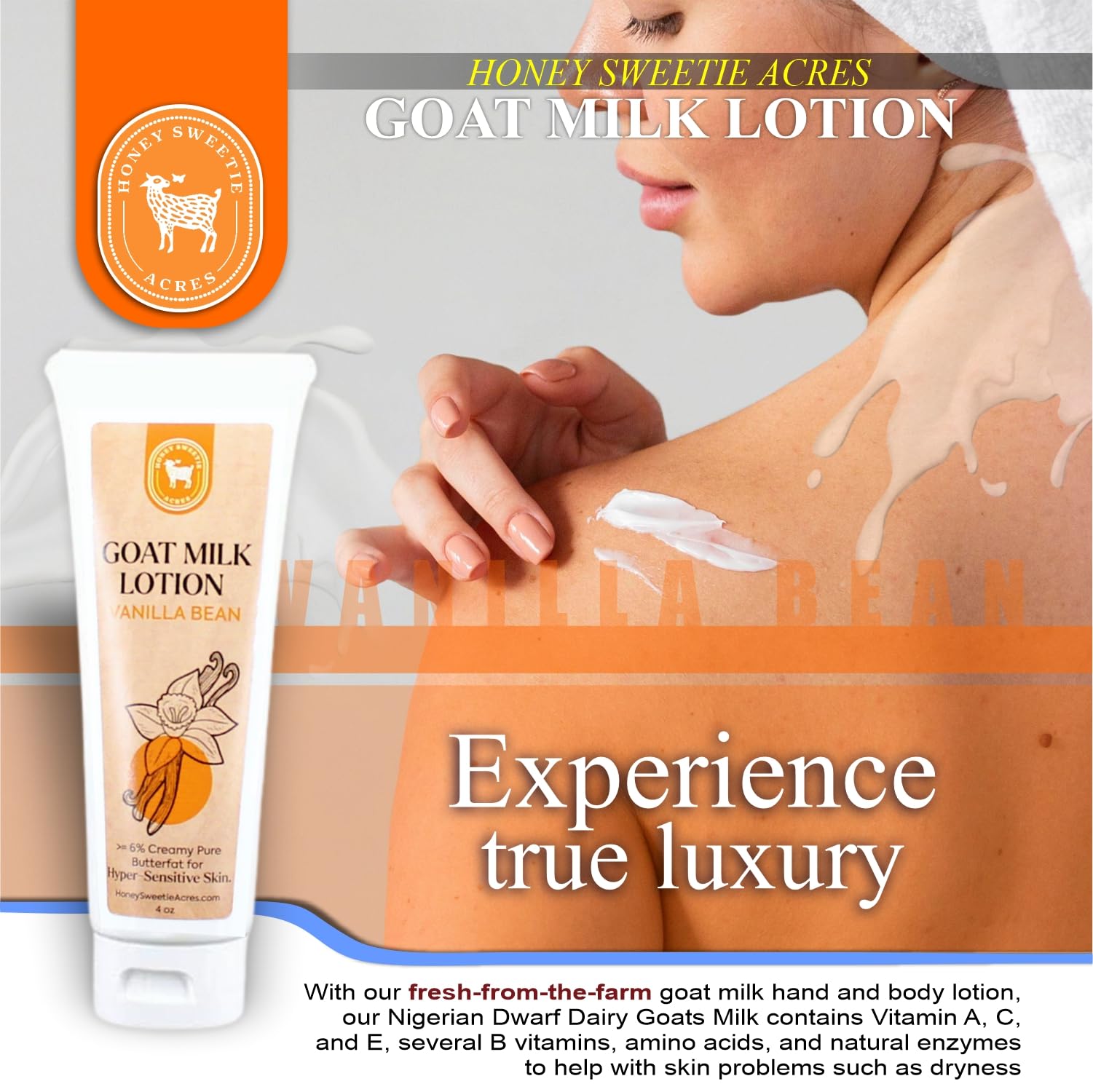 Honey Sweetie Acres Fresh Off The Goat All-Natural Goat Milk 4 oz Vanilla Bean Body Lotion is a cruelty-free, handmade lotion that hydrates and moisturizes - Made in the USA