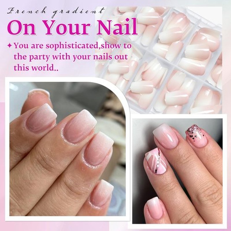 Loveourhome 144pc Ombre Coffin Press on Nails Short Fake Nails Pink White Glue on Nail Ombre Acrylic Nails Press on Nails Short False Nail Women Artificial Fingernails with Glue Adhessive Tabs