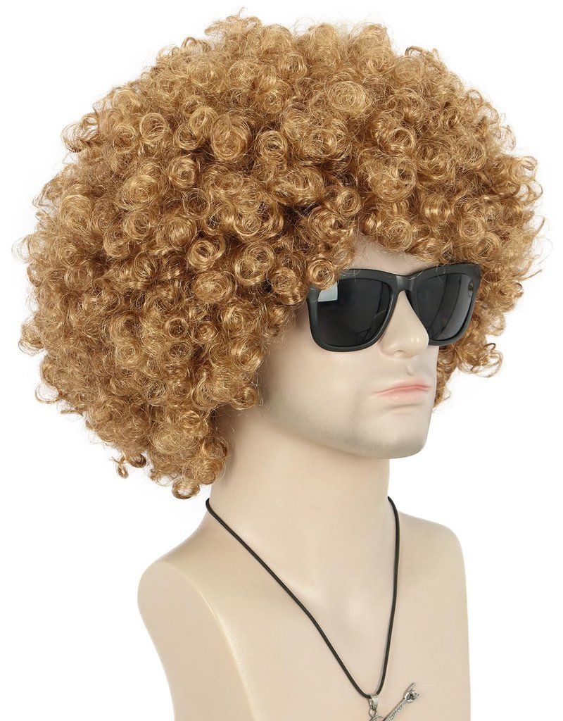 VGbeaty Adult Unisex 60s 70s 80s Short Golden Curly Afro Synthetic Disco Rocker Hippies Hair California Halloween Cosplay Anime Costume Wig (Golden)