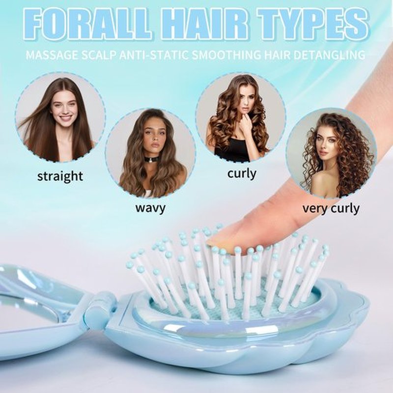 Maji Mama Metallic Shinning Finish Foldable Travel Hair Brushes with Mirror Shell Shape Portable Folding Pocket Hairbrush Mini Hair Comb Purse Compact Size Hair Massager (Blue)