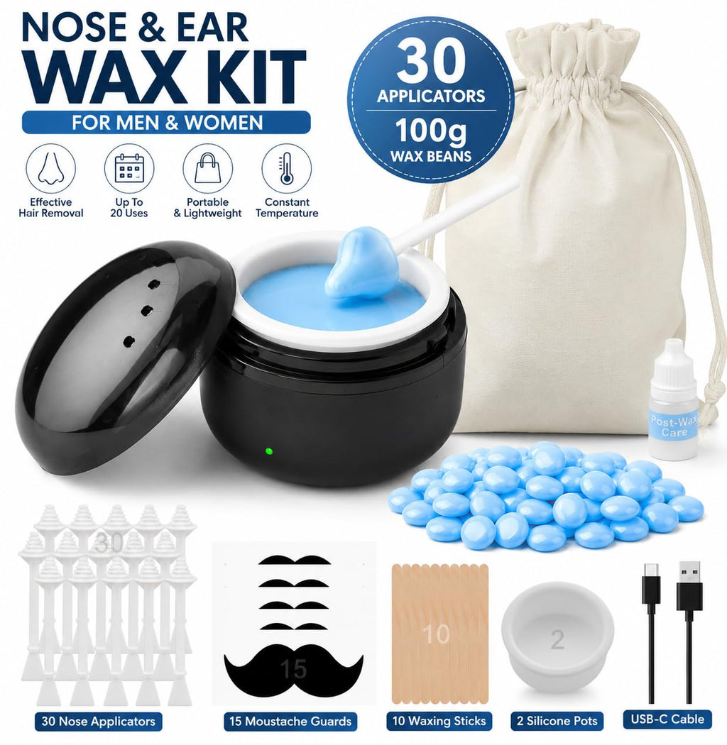 STORICANS Portable Nose Wax Kit for Men & Women - Mini USB Wax Warmer with 100g Wax Beads, 30 Nose Sticks, 10 Applicators, 2 Silicone Pots & Organizer Bag - At-Home Nose Ear Hair Removal Kit