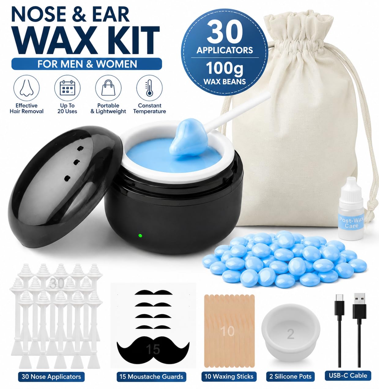 STORICANS Portable Nose Wax Kit for Men & Women - Mini USB Wax Warmer with 100g Wax Beads, 30 Nose Sticks, 10 Applicators, 2 Silicone Pots & Organizer Bag - At-Home Nose Ear Hair Removal Kit