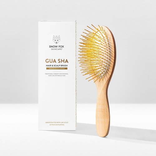 Snow Fox Skincare Gua Sha Hair Brush - Wooden Edition | Scalp Massage Tool with Gold-Plated Bristles for Healthy Hair