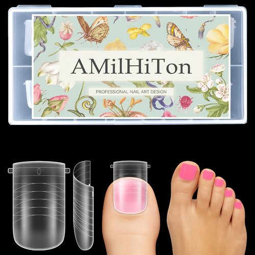 AMILHITON 120PCS Poly Gel Toe Nail Dual Forms, Straight Flat Clear Full Cover Molds for Wide Toenail Beds, Reusable Toenail Extension Forms for French Pedicure, 12 Sizes for Home DIY & Nail Salon