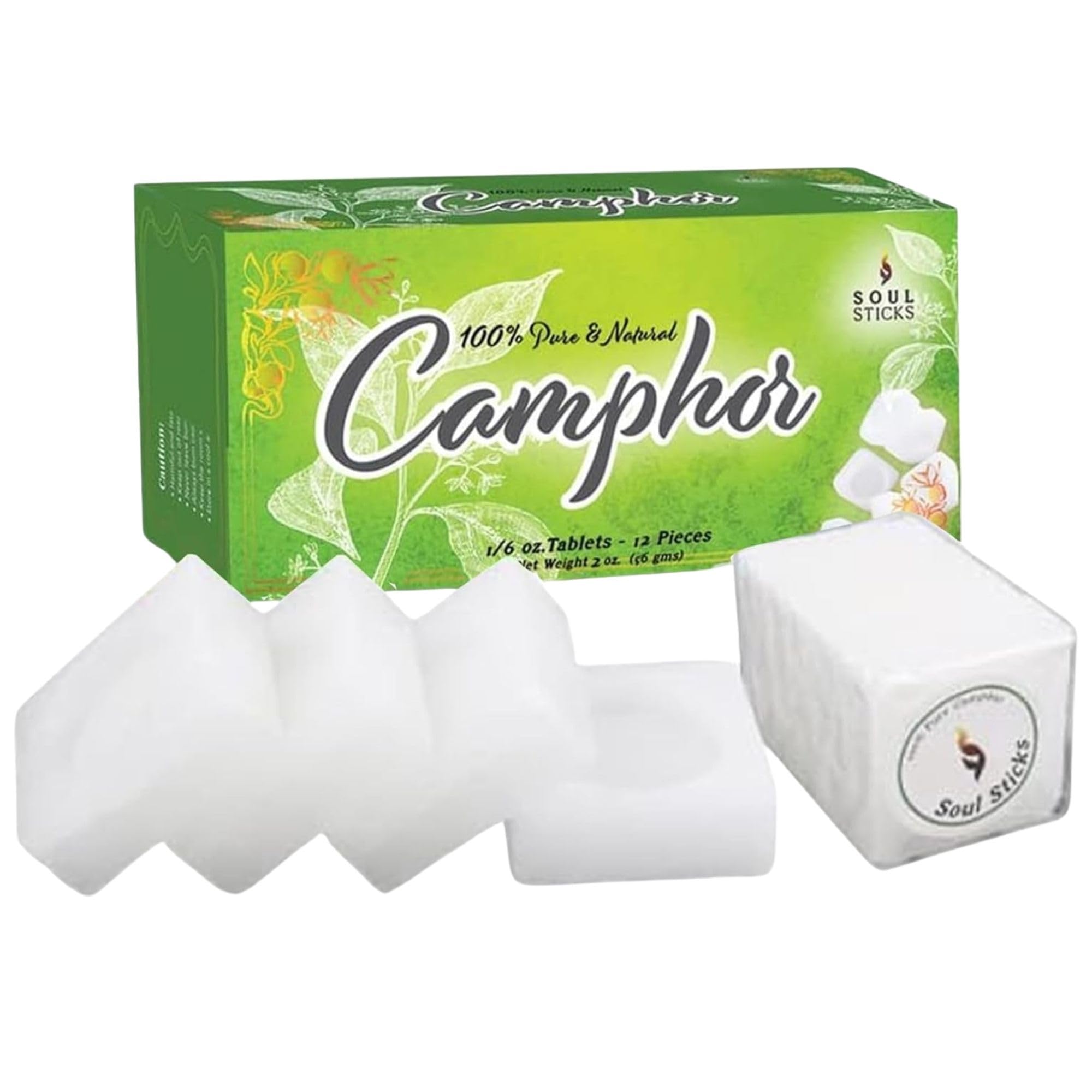 SOUL STICKS Natural Camphor Blocks, Pure Camphor Tablets for Aromatherapy & Puja - Alcanfor en Bloques, Alcanfor en Bolitas, Kapoor for Pooja (56 Grams (12 Tablets))