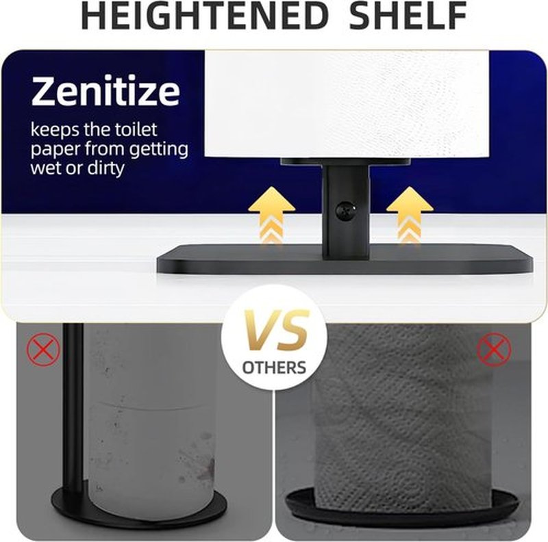 Skiennix Free Standing Toilet Paper Holder - Rustproof Metal with Anti-Slip Base & Top Shelf | Black