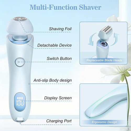 Skiennix Electric Shaver for Women - Painless 2-in-1 Wet & Dry Waterproof Razor with 2 Heads | Rechargeable for Bikini, Legs, Underarms (Blue)