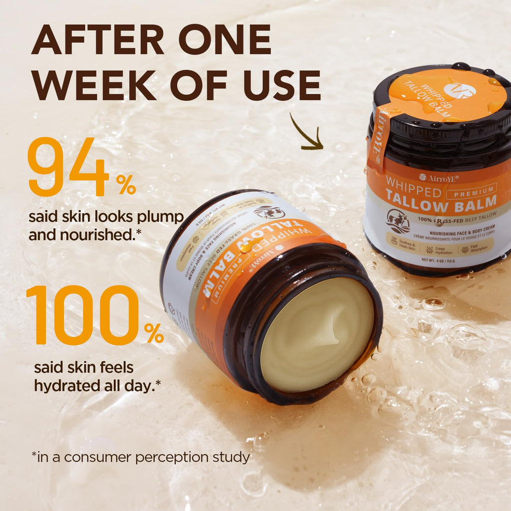 AirroYE Grass-Fed Beef Tallow for Skin: Whipped Beef Tallow Face Body Moisturizer - All Natural Skincare Tallow Balm for Eczema and Dry Skin 4oz (Unscented)