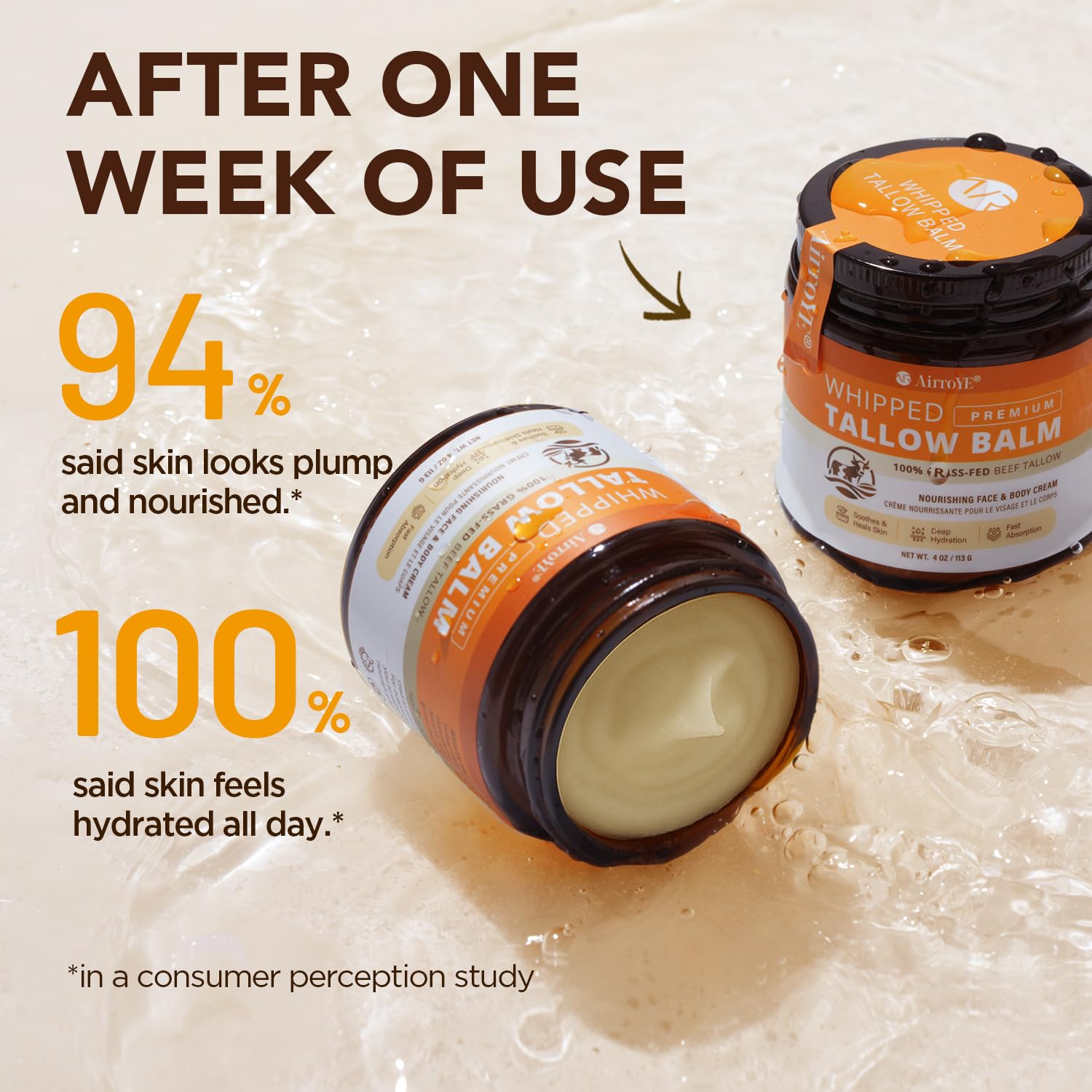 AirroYE Grass-Fed Beef Tallow for Skin: Whipped Beef Tallow Face Body Moisturizer - All Natural Skincare Tallow Balm for Eczema and Dry Skin 4oz (Unscented)