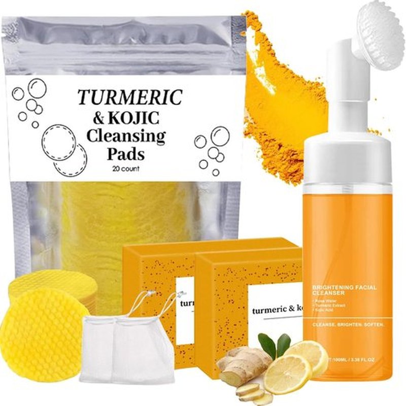 4Pcs Turmeric Wash and Care Three Piece Set,Turmeric Trio: Facial Wash,Cleansing Mousse & Soap for Skin Care,Turmeric Cleansing Exfoliating Pads,Turmeric Face Wash, Natural Skincare for Face & Body
